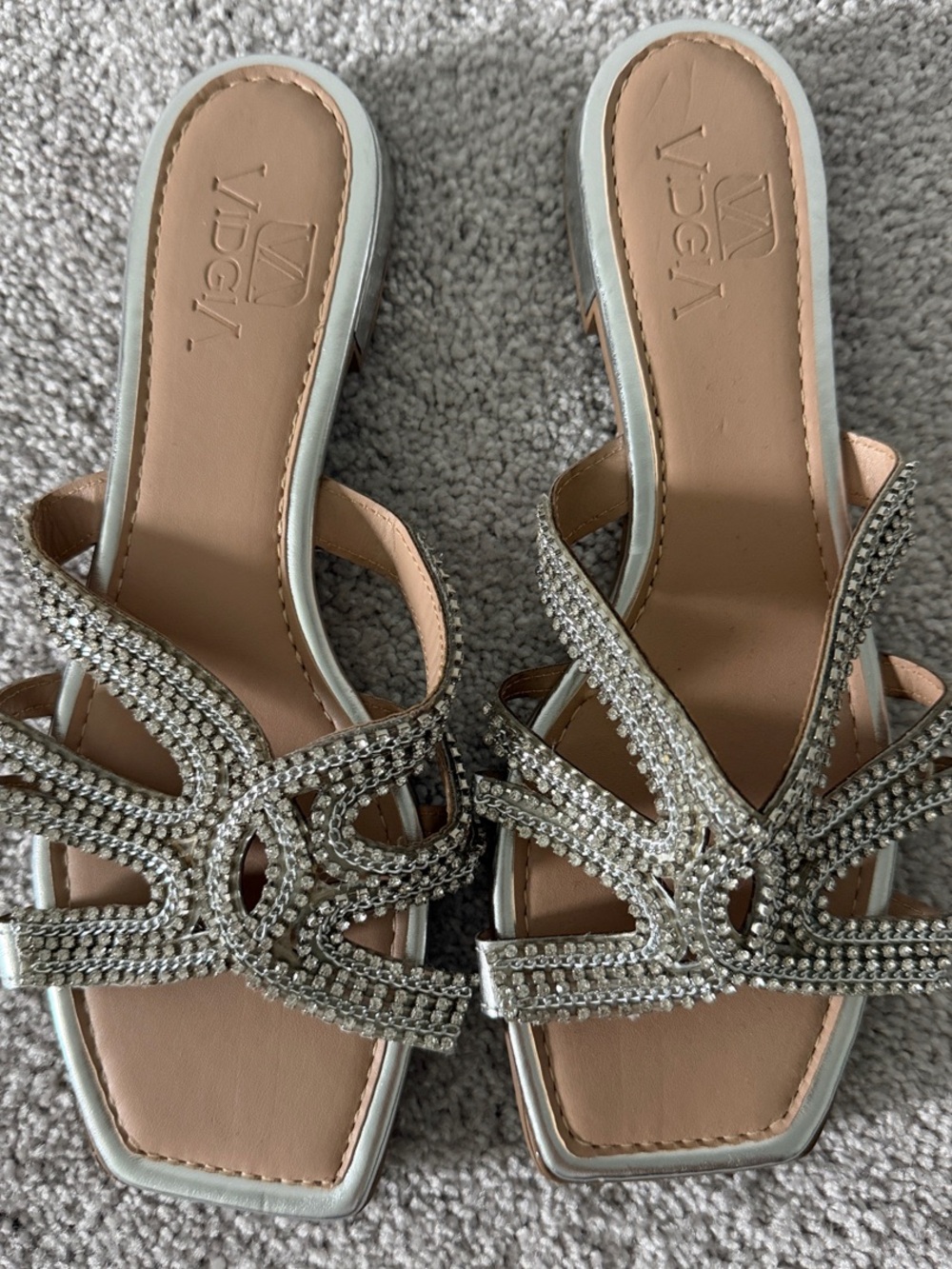 Silver Crystal-Embellished Open Square Toe Mules